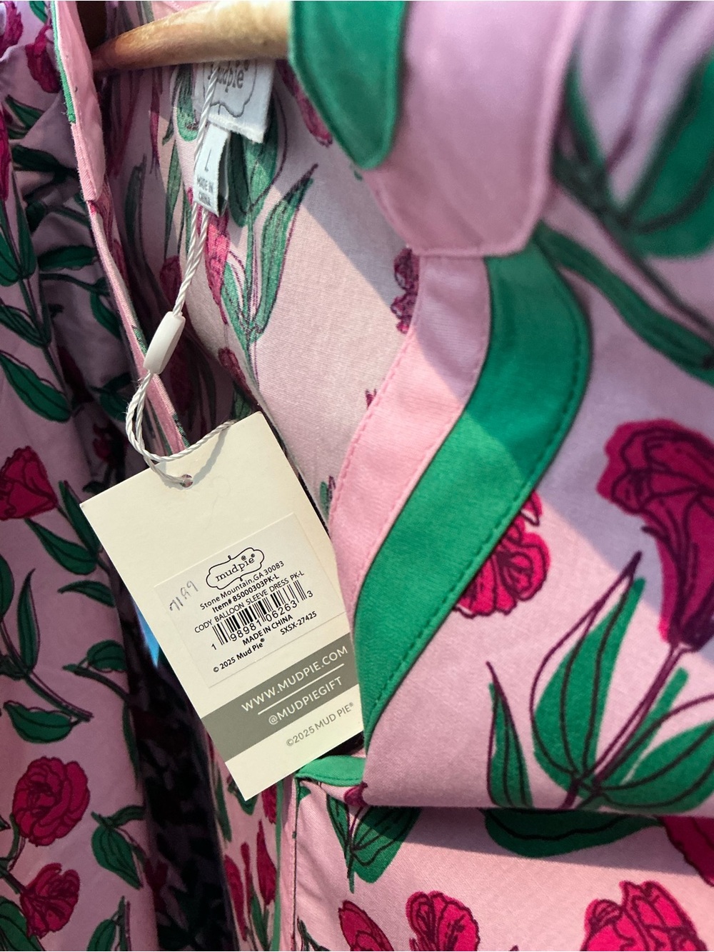 Mud Pie Pink Floral Tiered Dress with Green Trim - Picture 7 of 7